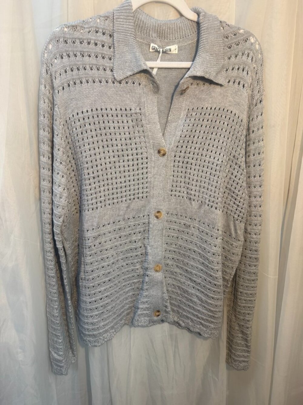 GRACE KARIN Gray Open Knit Crochet Collared Cardigan Sweater XL NWT
